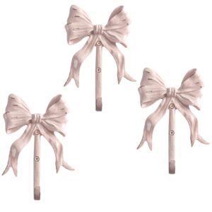 bolifish large pink bow wall hooks set of 3, shabby chic wall mounted vintage bow coat hooks, decorative wall hooks for bag, towel and hat