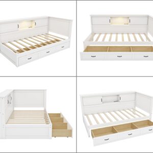 Merax Twin Size Corner Bed Frames with Storage Drawers and USB Port & Led Downlight Headboard, Wooden L-Shaped Captain Daybed for Small Room, Bedroom, Guest Room, Kids' Room, White