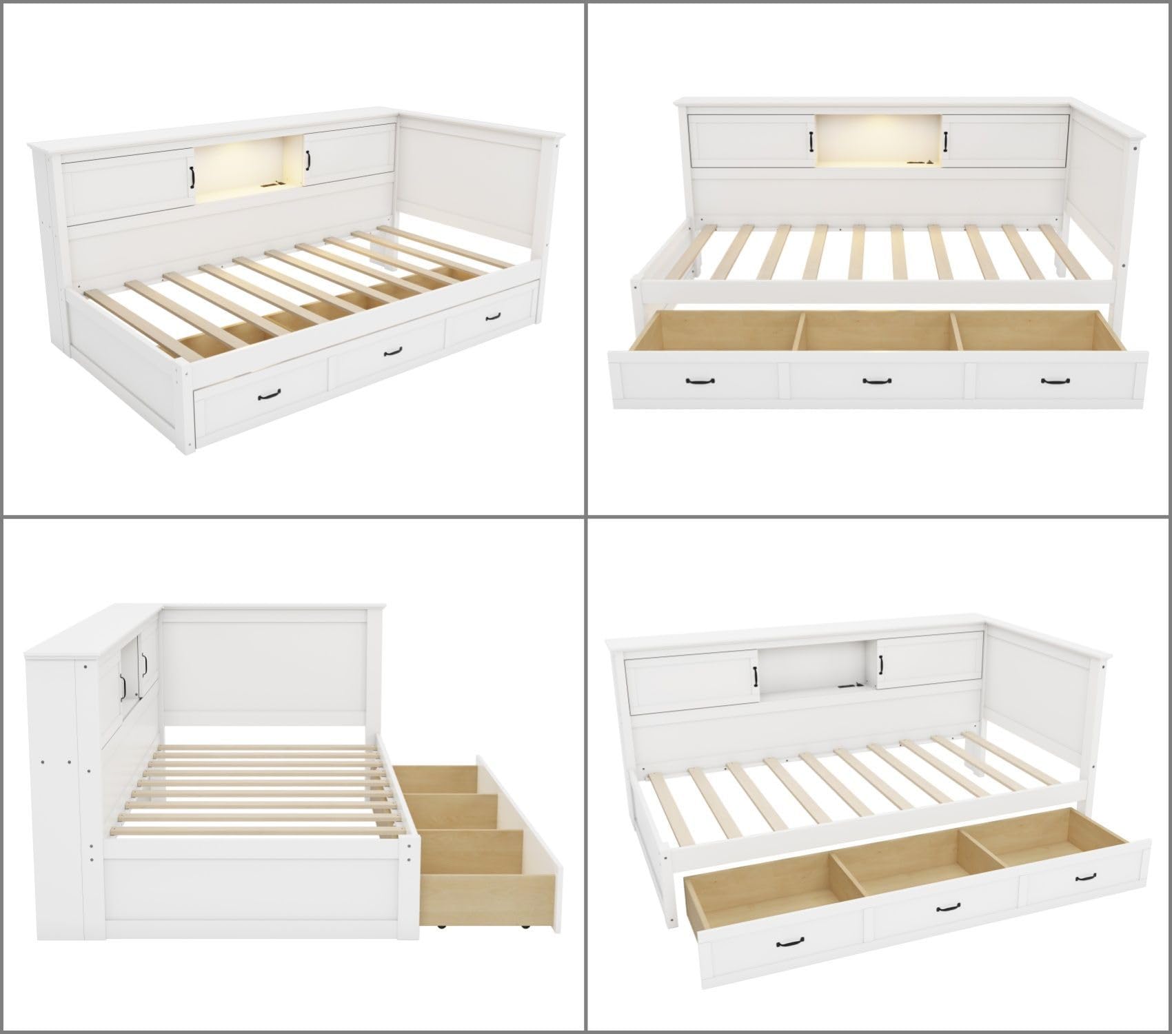 Merax Twin Size Corner Bed Frames with Storage Drawers and USB Port & Led Downlight Headboard, Wooden L-Shaped Captain Daybed for Small Room, Bedroom, Guest Room, Kids' Room, White