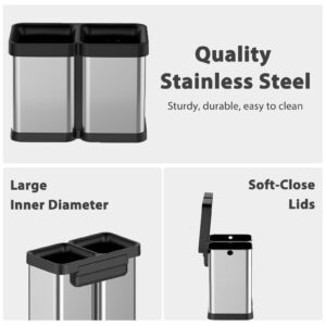 2x5.3 Gallon Dual Trash Can, Dual Compartment Garbage Can for Waste and Recycling, Open Top, Lidless Stainless Steel Kitchen Trash Can, Garbage Bin for Kitchen, Office, Dining Room, Living Room