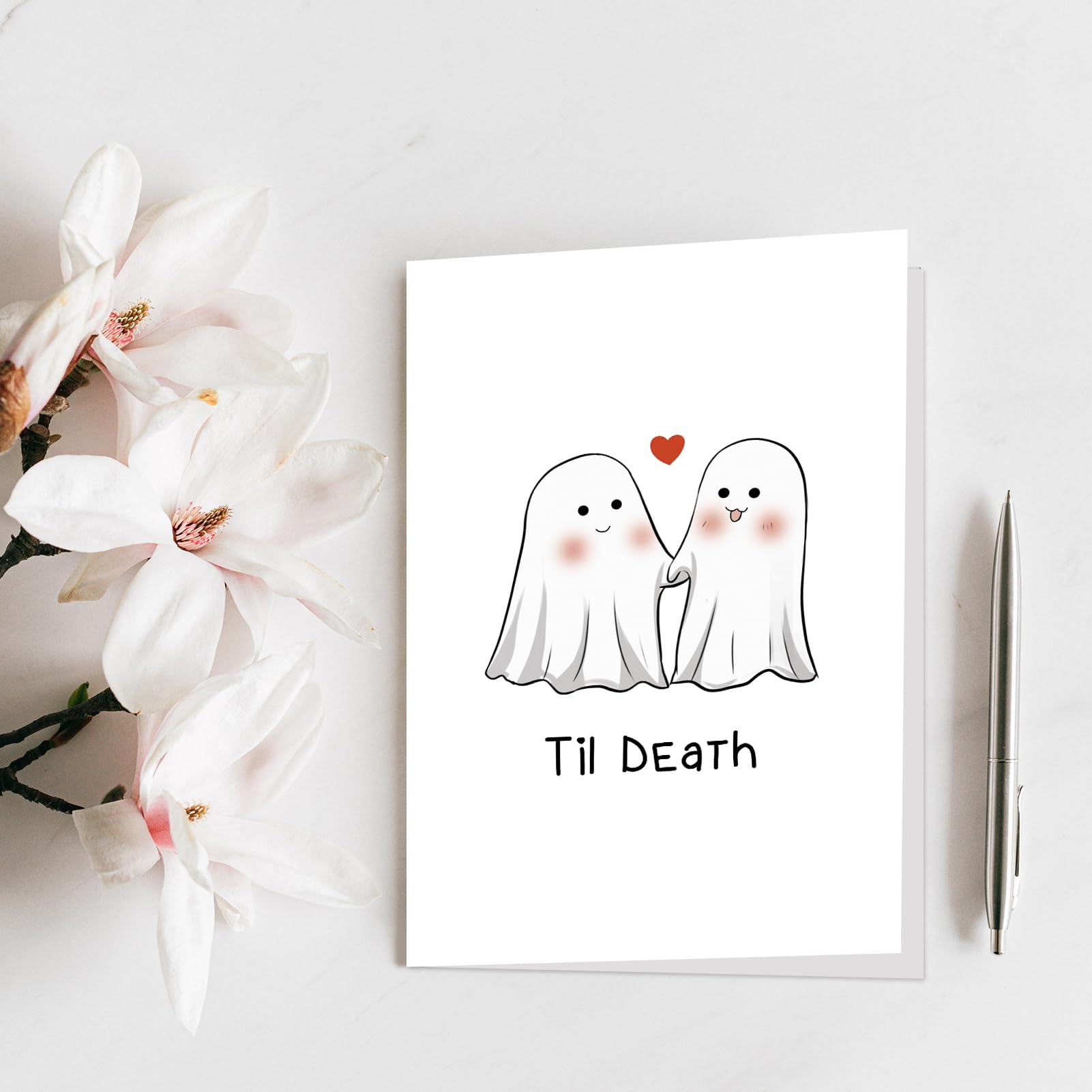 Qiliji Cute Ghost Wedding Card, Halloween Anniversary Card for Couple, Bridal Shower Card for Bride, Engagement Card for Friend, Valentine's Day Card for Husband Wife, Til Death Greeting Card