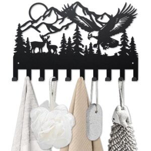 mayjoydiy mountain forest animal metal coat racks wall mounted deer bird coat hooks 15.7×9.8inch 10 hooks nature scenery key holder wall art decor gift black key hooks for coats hats towels bags