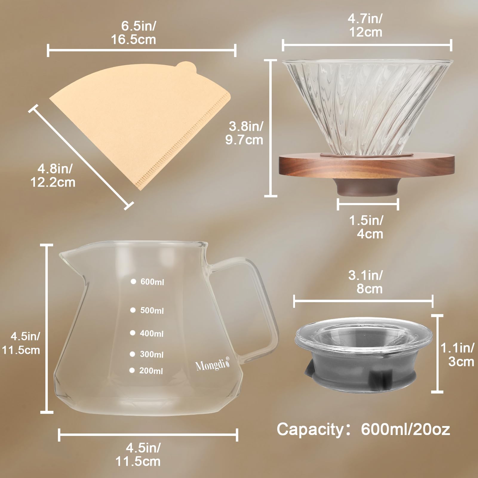 Mongdio Pour Over Coffee Maker, 20 oz V60 High-Heat Borosilicate Glass Coffee Maker with 100pcs Paper Filters, 5 in 1 Drip Coffee Maker Set for Home Café Restaurant and Camping - 600ml, Clear