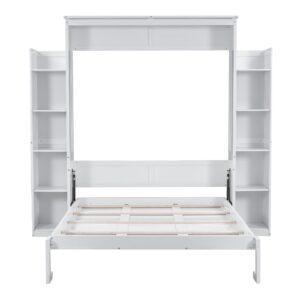 UOCFYK Queen Size Murphy Bed Wall Bed with 2 Storage Shelves and LED Lights,Multifunctional Foldable Platform Bedframe for Bedroom Guest Room Small Space, White