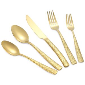 20-piece gold silverware set, heavy duty hammered 18/10 stainless steel flatware set for 4, food-grade cutlery set, tableware set including fork knife spoon set,dishwasher safe