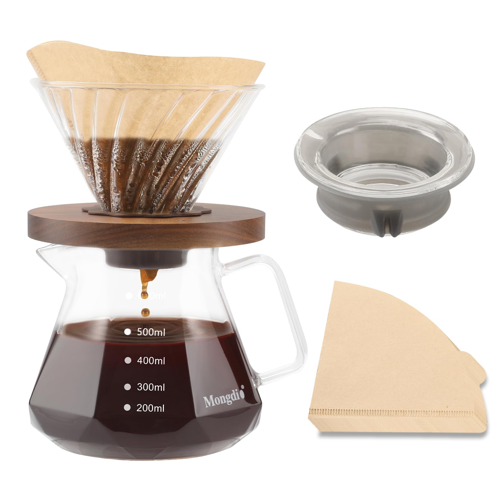 Mongdio Pour Over Coffee Maker, 20 oz V60 High-Heat Borosilicate Glass Coffee Maker with 100pcs Paper Filters, 5 in 1 Drip Coffee Maker Set for Home Café Restaurant and Camping - 600ml, Clear