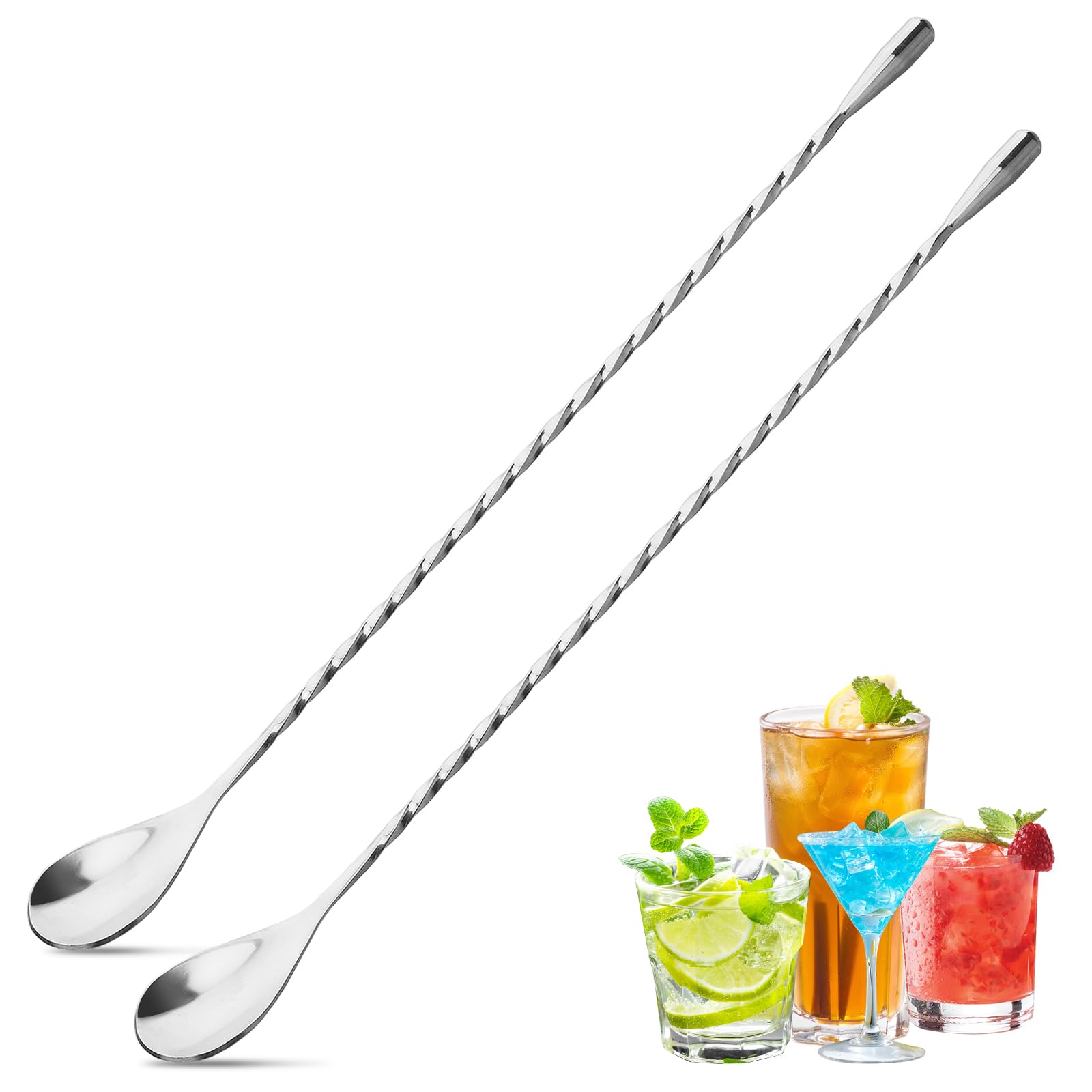 2 Pcs 12 Inches Bar Spoon, Long Handle Mixing Stirrers for Drink, Stainless Steel Bar Cocktail Shaker Spoon (Silver)