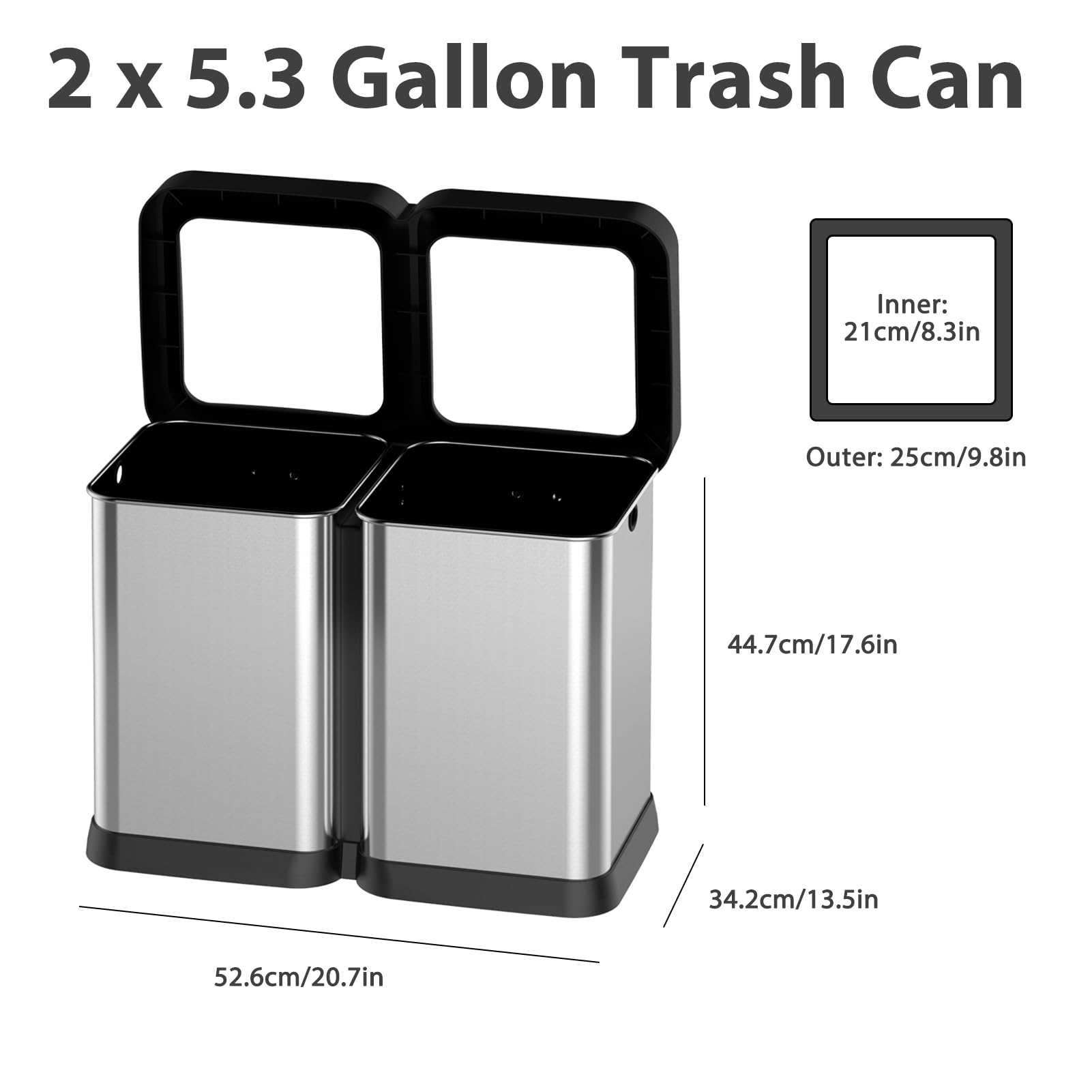 2x5.3 Gallon Dual Trash Can, Dual Compartment Garbage Can for Waste and Recycling, Open Top, Lidless Stainless Steel Kitchen Trash Can, Garbage Bin for Kitchen, Office, Dining Room, Living Room