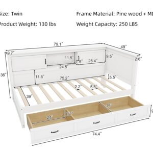 Merax Twin Size Corner Bed Frames with Storage Drawers and USB Port & Led Downlight Headboard, Wooden L-Shaped Captain Daybed for Small Room, Bedroom, Guest Room, Kids' Room, White