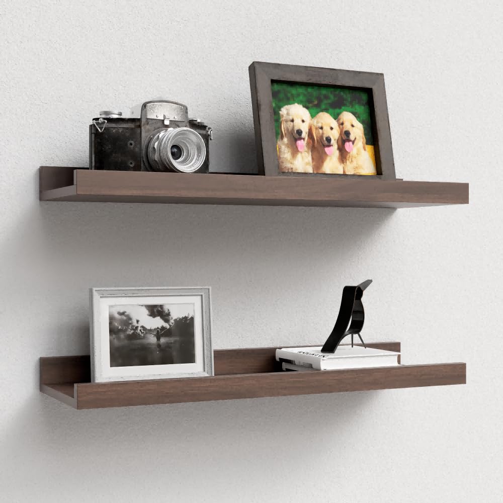 Boswillon Floating Shelves Wall Mounted Set of 2, Farmhouse Wall Shelves for Storage with Lip, Display Picture Ledge Shelf for Wall Decor Bedroom Living Room Bathroom Kitchen - Walnut