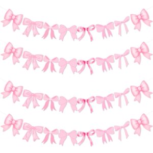 4pcs pink bow garland banner, pre strung pink bow banner bow party decortions for girls bow birthday baby shower decorations, coquette birthday party coquette bridal shower, bow party decor