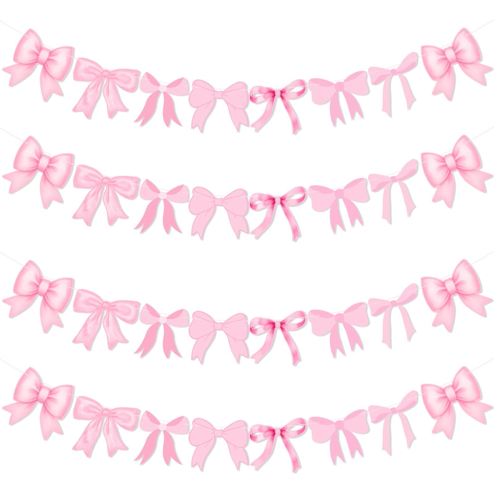 4Pcs Pink Bow Garland Banner, Pre Strung Pink Bow Banner Bow Party Decortions for Girls Bow Birthday Baby Shower Decorations, Coquette Birthday Party Coquette Bridal Shower, Bow Party Decor