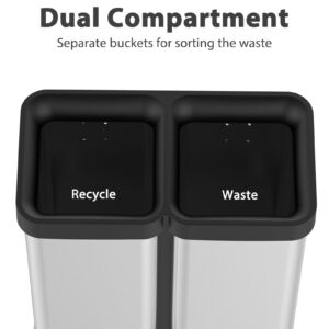 2x5.3 Gallon Dual Trash Can, Dual Compartment Garbage Can for Waste and Recycling, Open Top, Lidless Stainless Steel Kitchen Trash Can, Garbage Bin for Kitchen, Office, Dining Room, Living Room