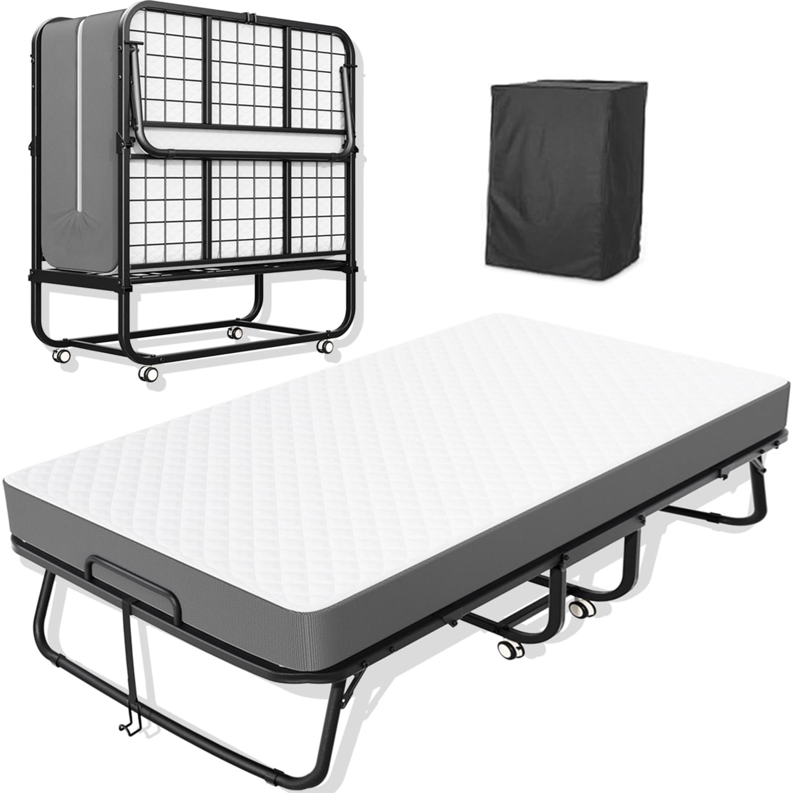 Greenvelly Folding Bed with Mattress, 75" x 38" Roll Away Beds for Adults,Metal Frame Fold Up Beds with Memory Foam Mattress,Guest Bed