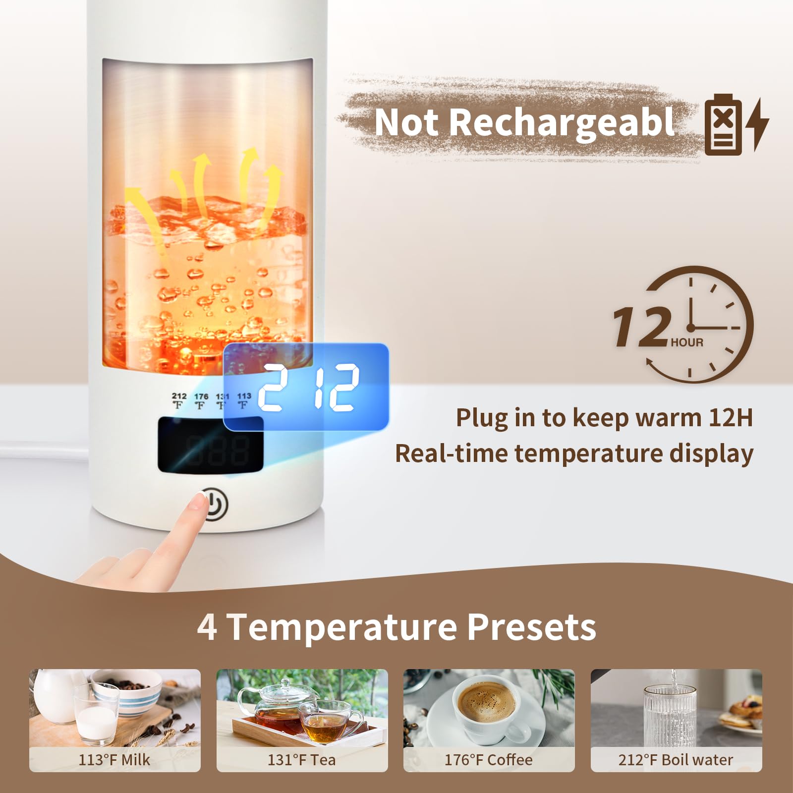 Portable Bottle Warmer for Travel, 17 Oz Milk Warmer, 4 Temperature Control & Auto Shut-Off, Fast Boil Hot Water Warmer, Perfect for Travel&Hotel Use,Electric Kettle with Handy（White，Non-Rechargeable）