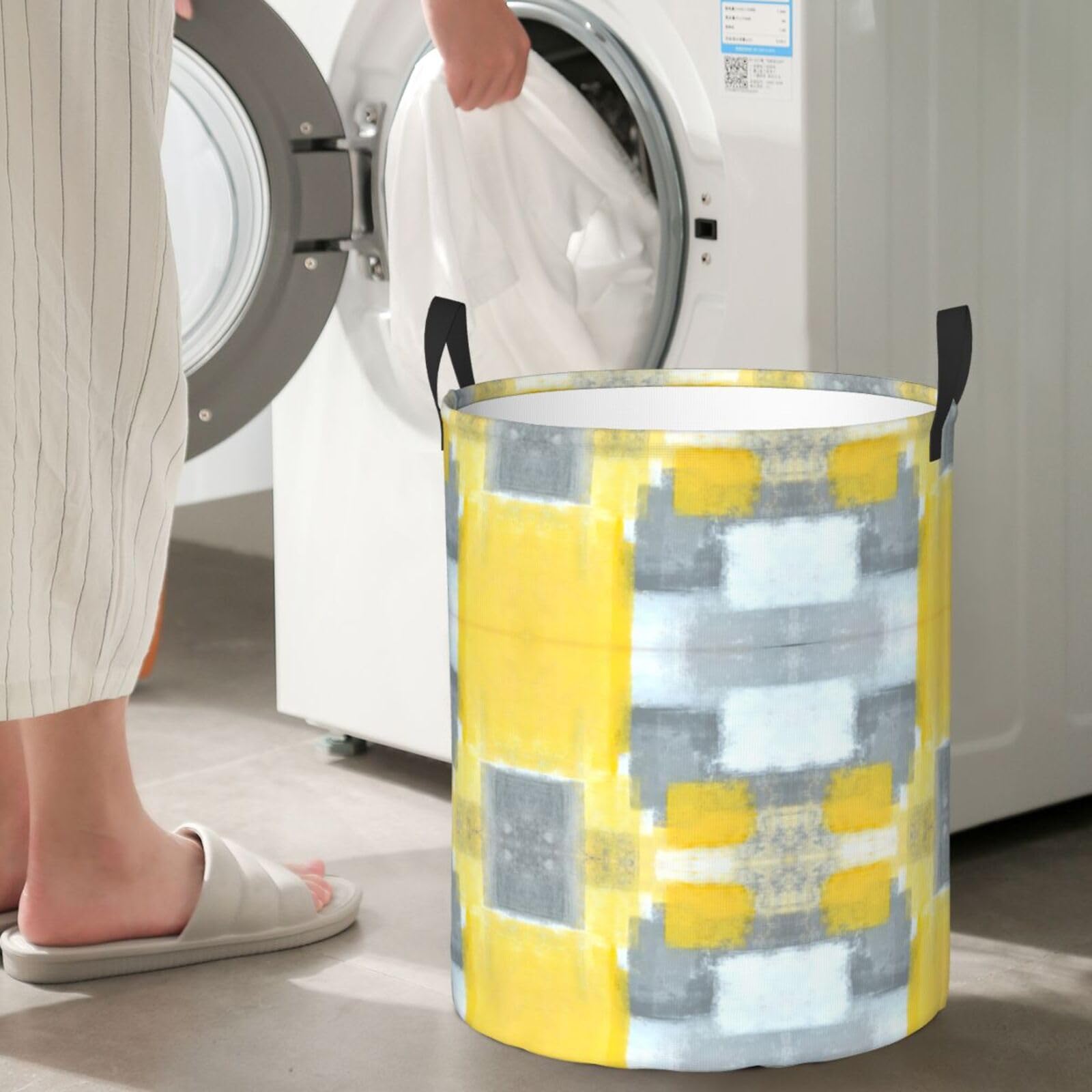 Grey And Yellow Abstract Art Painting Print Monolayer Round Laundry Hamper Circular Dirty Clothes Basket Toy Bins Storage Basket