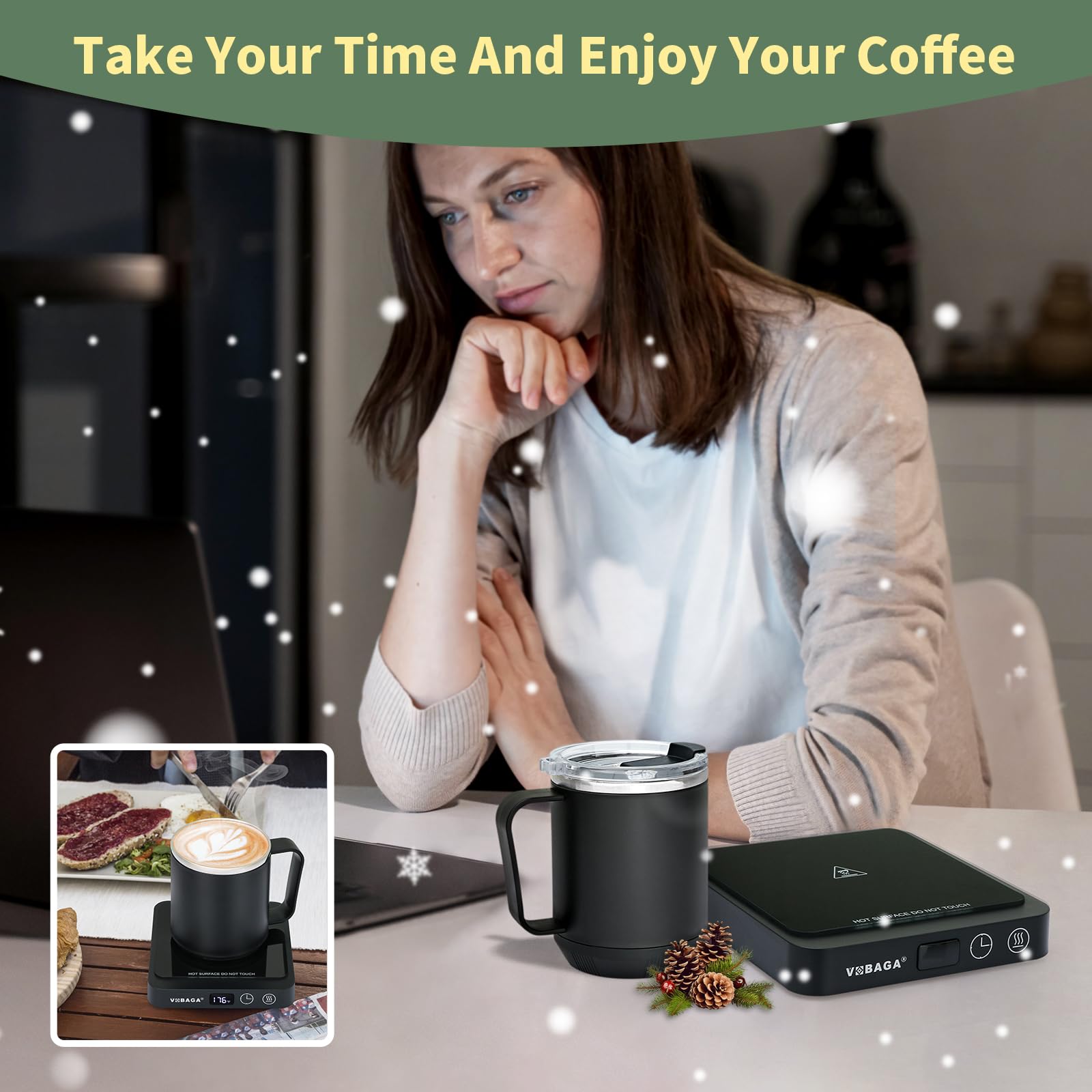 VOBAGA Mug Warmer & Mug Set for Desk, Electric Coffee Cup Warmer with Temperature & Timer Settings, Smart Coffee Warmer Plate with 15oz Cup for Warming and Heating Coffee, Beverage, Candles, Cocoa