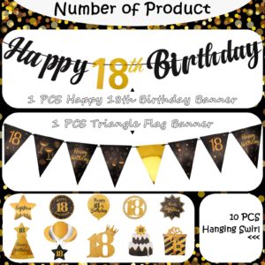 TIHEBAX Black&Gold 18th Birthday Decorations, 18th Birthday Decorations for Boys and Girls Happy 18th Birthday Banner with 10PCS Hanging Swirls Happy 18th Birthday Decorations 18th Birthday Party