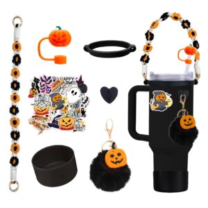 halloween stanley cup accessories set,personalized charm including straw cover,handle rope,halloween stickers,cup ring,plush pendant,silicone boot,heart buttons(pumpkin)