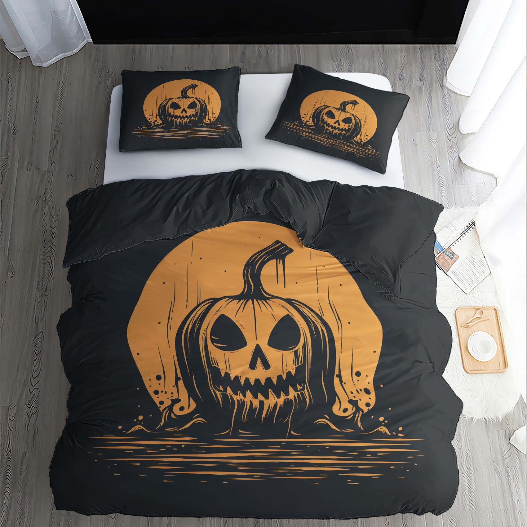 TANCAPRIUM Halloween Duvet Cover California King Size, Spooky Pumpkin Bedding Set & Bedroom Decor - Ultra Soft Breathable Microfiber, 2 Pillow Shams, with Zipper Closure & Corner Ties - No Comforter