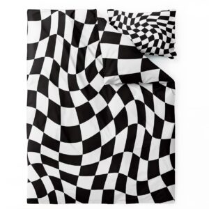 Optical Illusion Duvet Cover Twin, Black and White Checkered Geometric Checkerboard Psychedelic Bedding Set & Bedroom Decor - Breathable Microfiber, 2 Pillow Shams, with Zipper Closure & Corner Ties