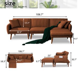 jamege Sectional Couch Sofa Bed, L-Shaped Linen Fabric Sofa Sleeper with Reclining Backrest and Removable Ottoman for Apartment Living Room