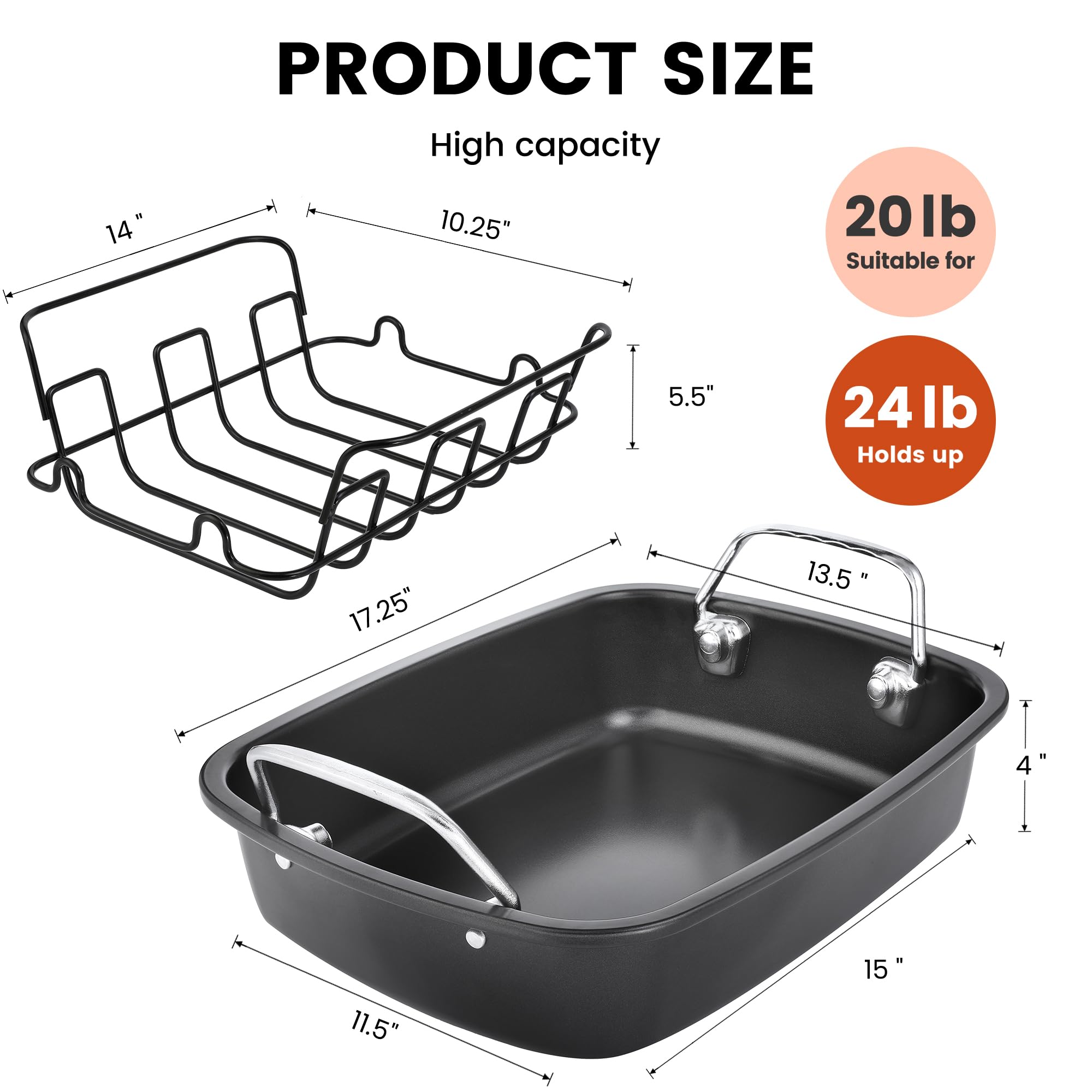 Olabocio Nonstick Roasting Pan with Rack, Turkey Roasting Pan for Oven, Large Roaster Pan with Handle for Chicken, 17 Inch X 13 Inch, Carbon Steel, Dark Grey