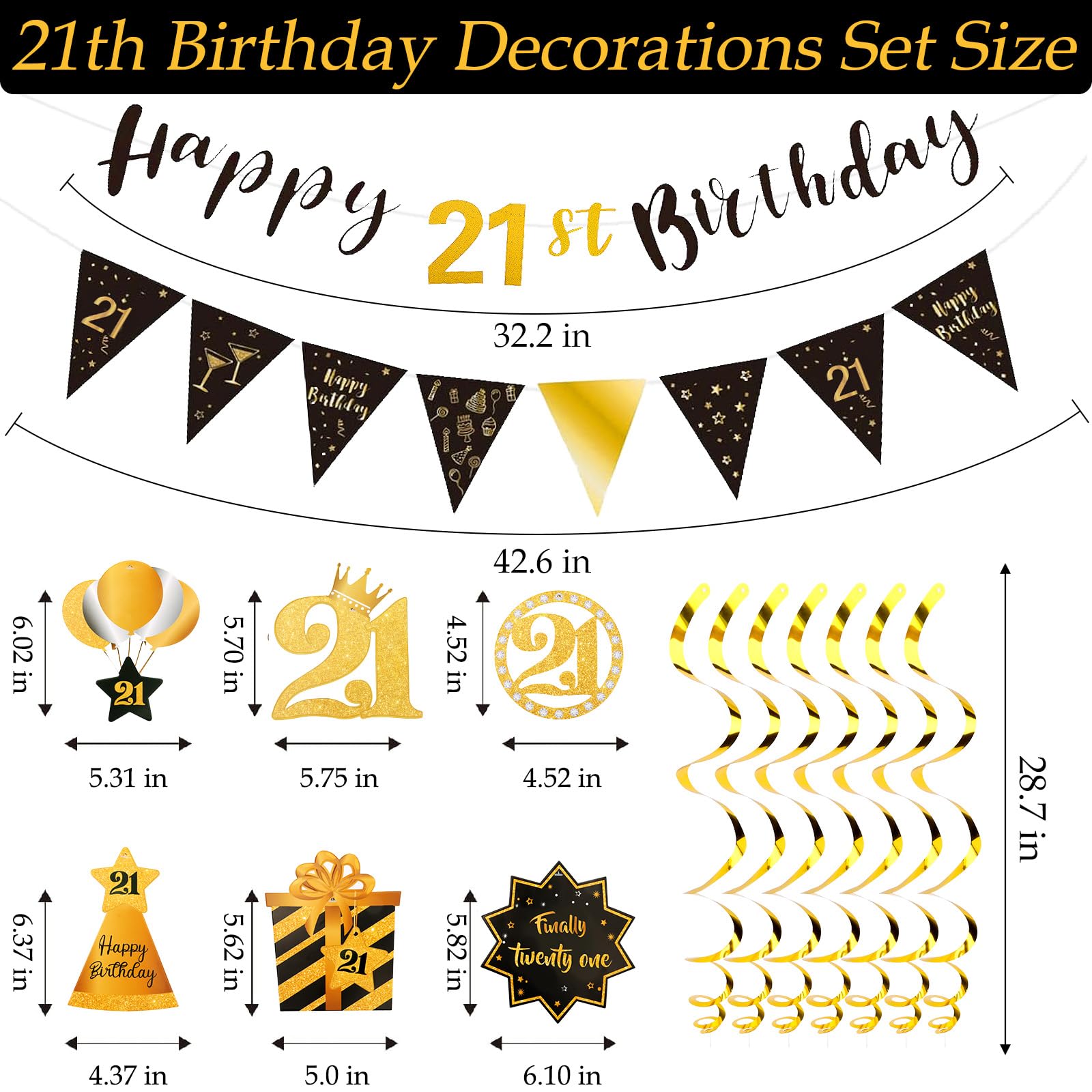 FASOTY 21st Birthday Decorations Black Gold Happy 21st Birthday Decorations For Him Pre-assembled 21st birthday banner Triangle Flag Banner and Glitter 21 Hanging Swirls 21st Birthday Party Decorations Set Birthday Party Decorations Supplies