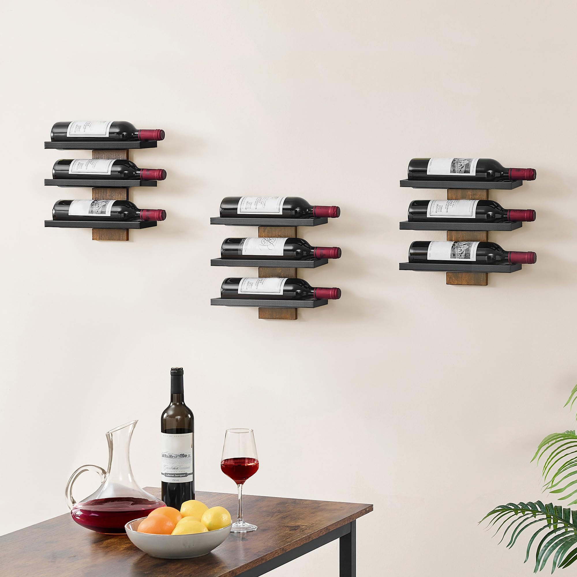 Hoctieon 3-Set 3 Tier Wall Mount Wine Rack, Wood Wine Racks for Wall, Wall Mounted Wine Bottle Rack, Wine Wall Rack, Wine Holder Wall Mounted, Wall Mounted Wine Bottle Racks for Display, Rustic Brown