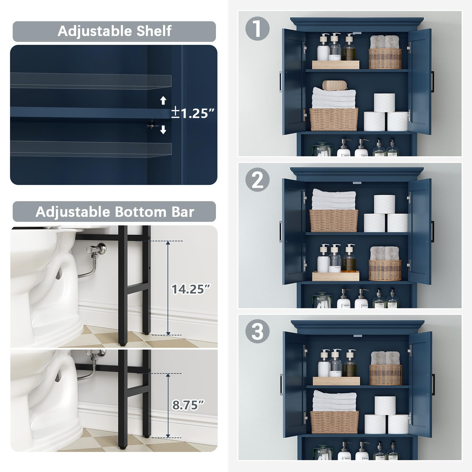 Baztin Over The Toilet Storage Cabinet, Over Toilet Storage with Door Above Toilet Storage Cabinet Freestanding Space Saver Behind Toilet Bathroom Organizer Over Toilet Bathroom Organizer, Ultramarine