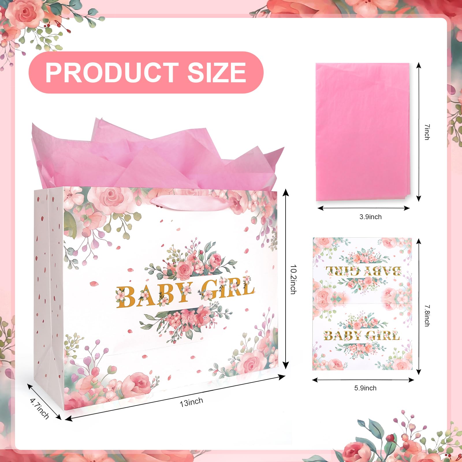 13'' Large Pink Floral Gift Bag for Baby Girl - Includes Wrapping Paper, Pink Tissue Paper, and Card for Newborn Gifts, Showers, Birthdays, and Celebrations