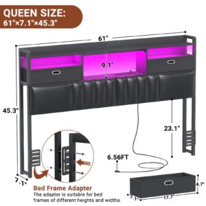 Unikito Queen Headboard with Drawer Storage and RGB LED Light, Queen Size Upholstered Headboard with Power Outlet and Bookcase, Stable Queen Headboard Only, for Bedroom/Dorm Room/Guest Room, Black