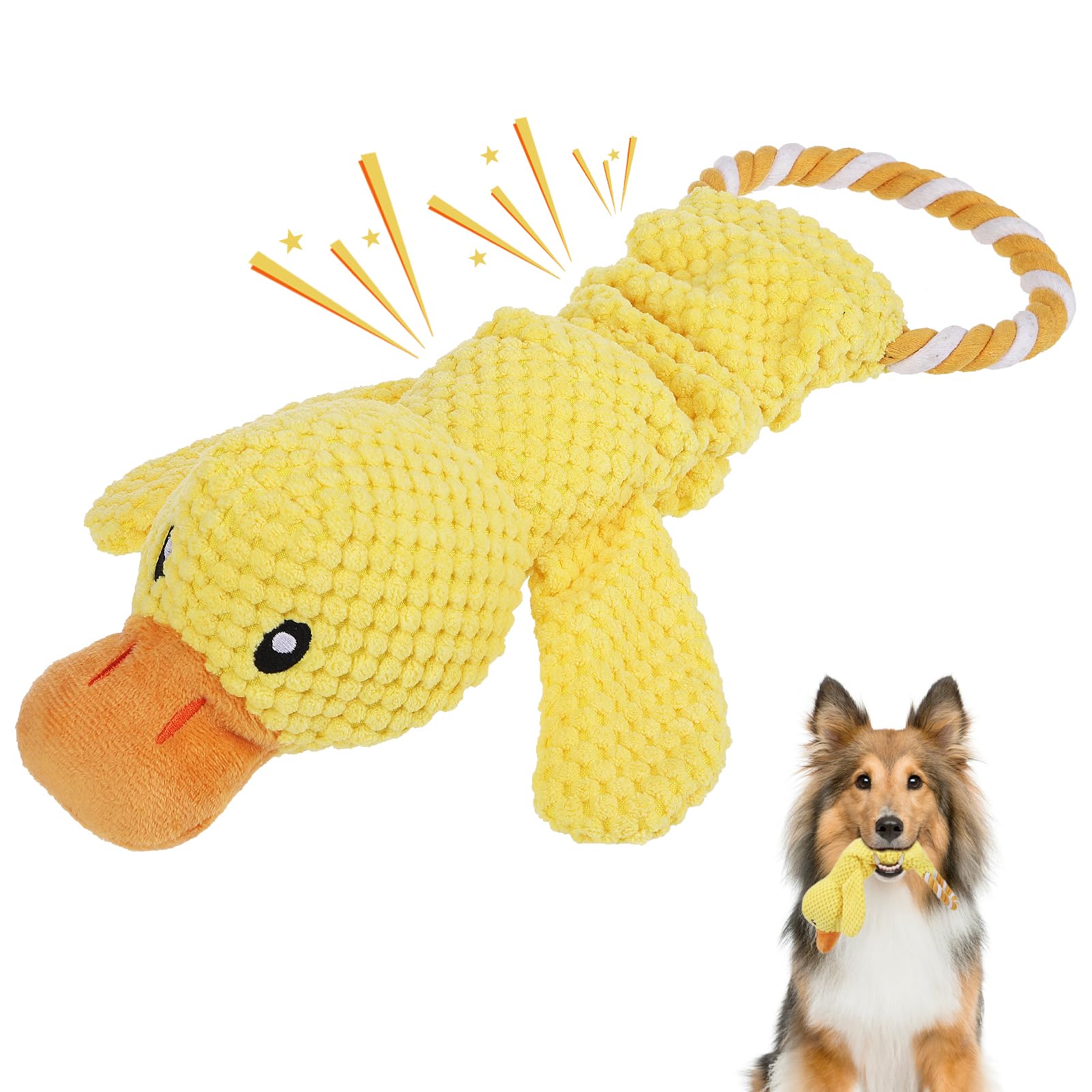 KOOLTAIL Duck Dog Squeaky Toys, Interactive Puppy Plush Toys with Crinkle Paper, Large Tug of War Pull Toy for Indoor and Outdoor Play, Stuffed Soft Pet Chew Toy for Small Medium Large Dogs Yellow