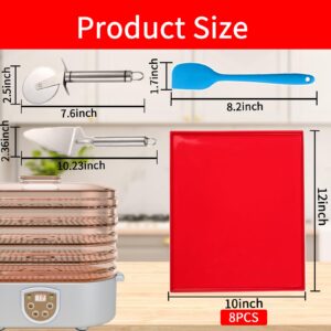 OUCBND 8 Pcs Silicone Dehydrator Trays with Edge - 12 x 10 Inch Non-stick Reusable Dehydrator Fruit Leather Mats with Silicone Scraper Cutter Wheel for Fruit Vegetables Meat Herbs and Liquid (red)