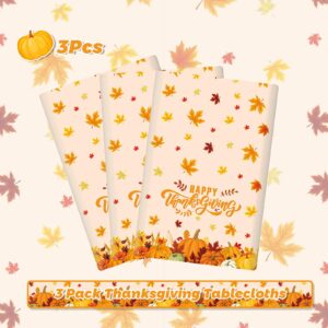 MEHOFOND 3 Pcs Happy Thanksgiving Disposable Tablecloth, Pumpkin Maple Leaves Fall Thanksgiving Party Decorations, Autumn Give Thanks Plastic Table Cover, Thanksgiving Dinner Party Supplies