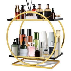 hugnew perfume organizer for dresser, 2 tier makeup organizer for vanity, bathroom counter organizer, cosmetic display storage gifts for women (black gold)