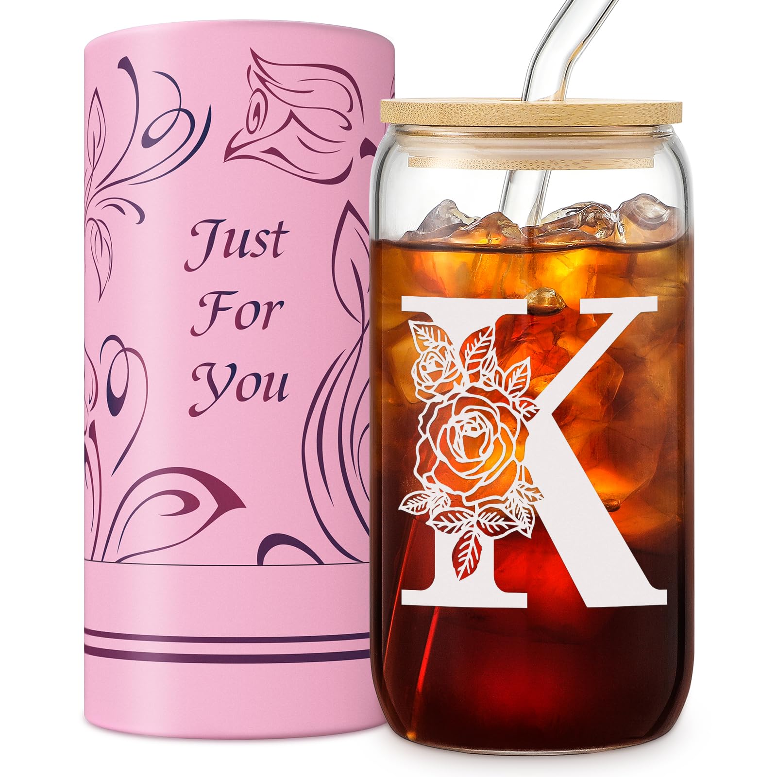 Monogrammed Gifts for Women, Personalized Gifts for Her Mom, Glass Cup with Bamboo Lids and Straws 16 oz, Iced Coffee Cup, Tea Cup, Cute Aesthetics custom Tumbler Cup, Mothers Day, Birthday Gifts - K