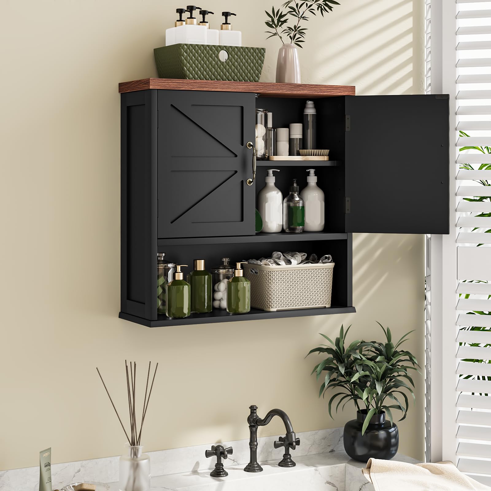 Smuxee Farmhouse Bathroom Cabinet Wall Mounted, Black Bathroom Medicine Cabinet with Adjustable Shelf, Bathroom Cabinet for Bathroom, Living Room, Laundry Room