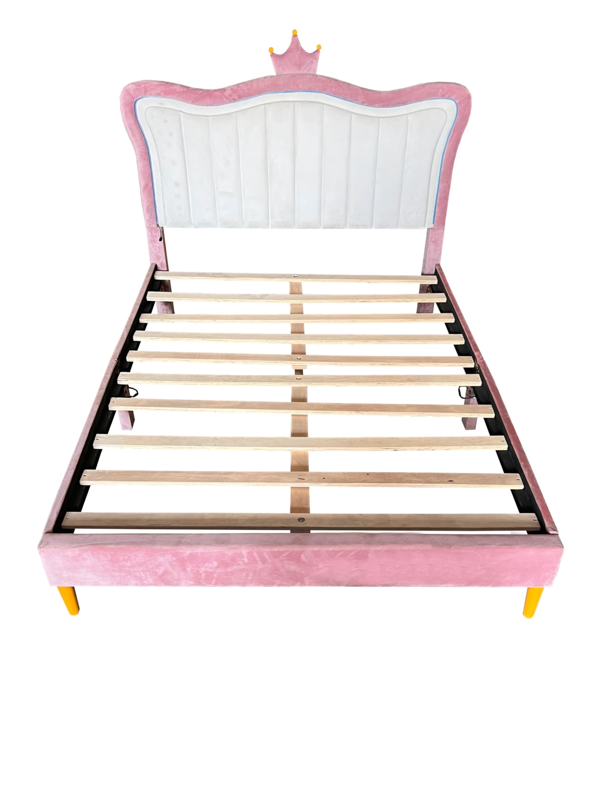 DNYN Full Size Upholstered Platfrom Bed for Kids,Princess Bedframe with Crown Headboard & LED Design,for Girls Bedroom,No Box Spring Needed & Easy Assembly, Pink