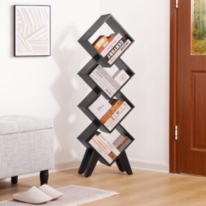 Yoobure Black Bookshelf - Small Book Shelf, 4-Tier Tall Bookcases Book Organizer, Industrial Bookshelves Floor Standing for CDs/Books in Small Spaces, Bedroom, Living Room, Home Office