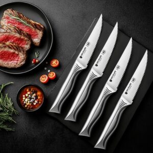 BRODARK Steak Knives Set of 8, 4.5 Inch Serrated Steak Knives, High Carbon Stainless Steel Kitchen Steak Knife Set, Never Need Sharpening, NSF Certified, Shark Series