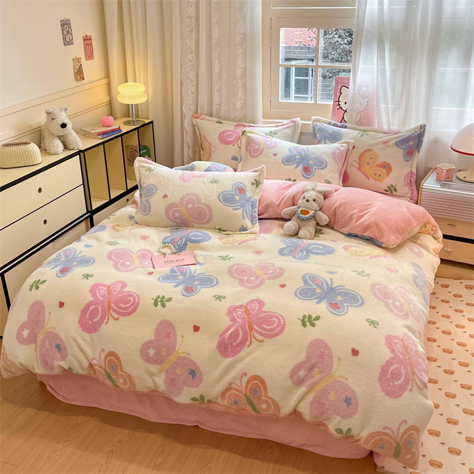 MorroMorn Twin Bedding Sets, Butterfly Pink Duvet Cover Set, Fluffy Comforter Covers Blanket Ultra Soft Kawaii Cute for Girls Kids Toddler Teen Women Twin/Twin XL Size