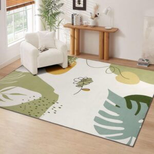 nesrt green washable area rug 5x7, boho kids bedroom playroom rug, non-slip botanical living room rugs, soft floral floor carpet for kitchen nursery laundry room (green, 5'x7')