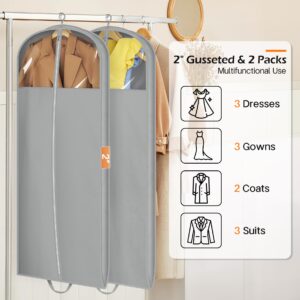 MISSLO 65" Foldable Garment Bags for Hanging Clothes Travel Waterproof Dress Bags for Gowns Long for Closet Storage Dress Protector Bag for Gowns, Suits, Coats, Grey, 2 Packs