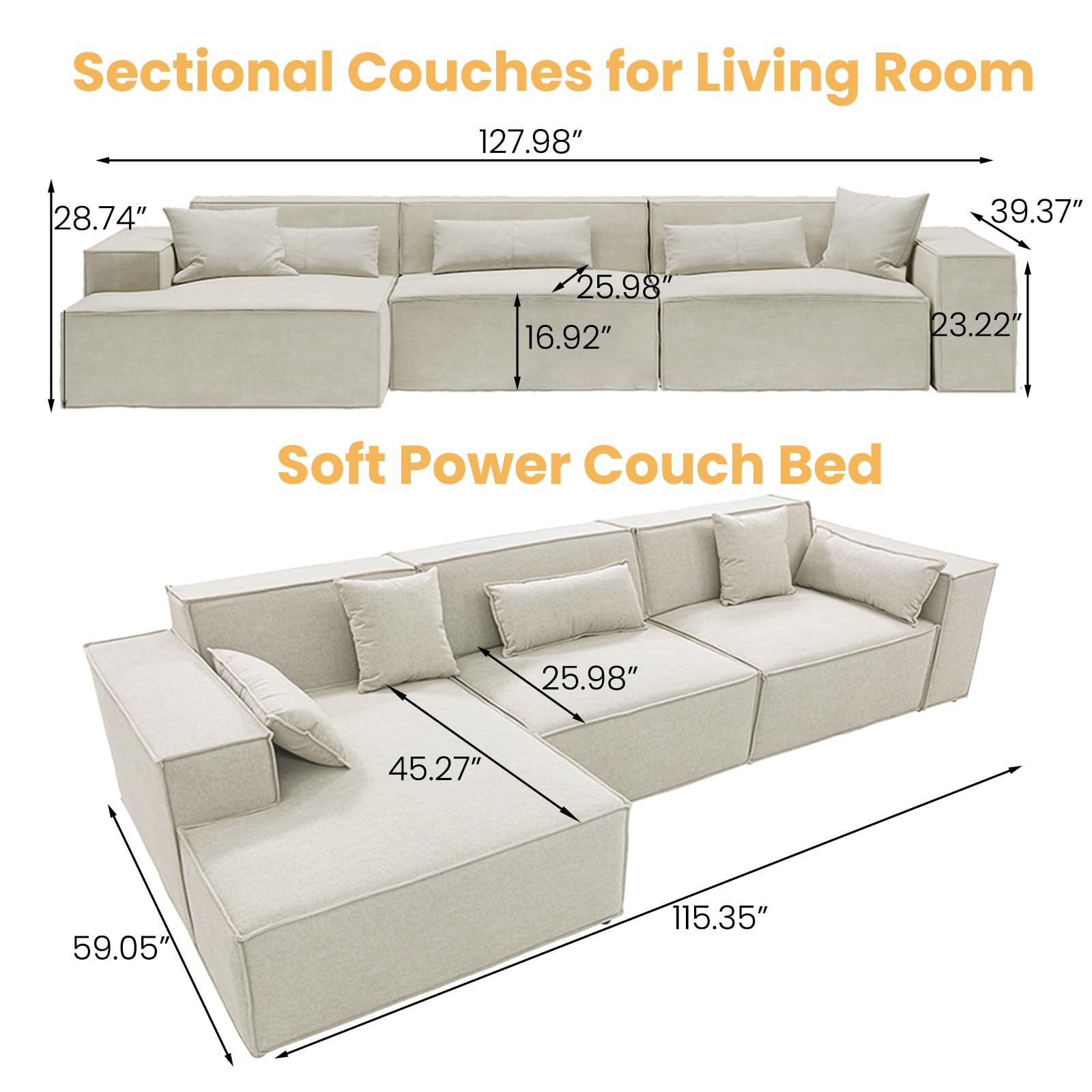 POVISON Smart 128.35" Power Modern Sofa Bed Oversized Large Sleeper Sectional Sofa Bed Convertible Couch Bed for Living Room Electric Pull Out with Deep Seat Comfy Velvet Beige Sofa