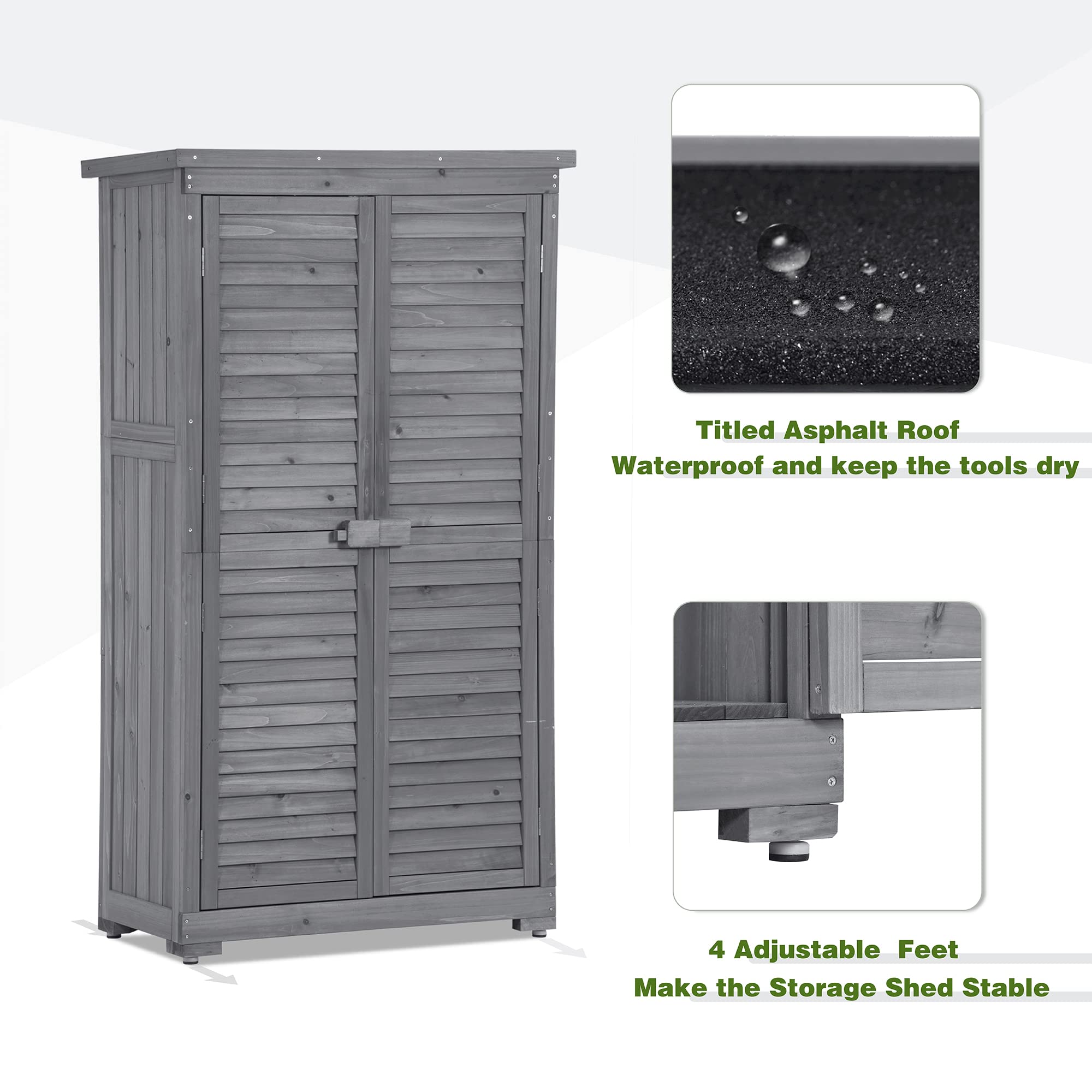 Gray Wooden Outdoor Organizer Lockable Cabinet 3-Tier Storage Solution Ideal Patio Storage Weatherproof Fir Wood Shutter Design