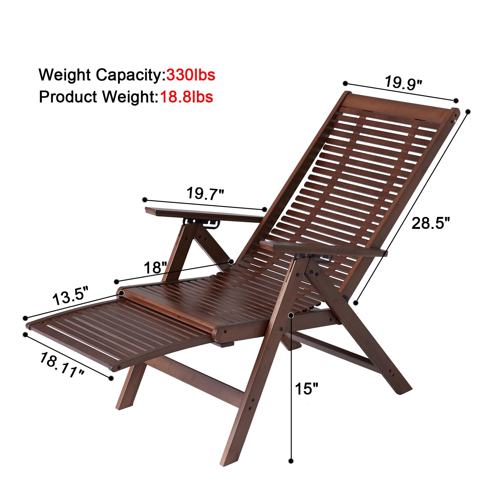 Chaise Lounge Chair for Outdoor,Patio Lounge Chair with 5 Adjustable Positions,Bamboo Chaise Lounge with Extendable Legs,Pool Recliner for Poolside Deck Backyard Lawn,Braun