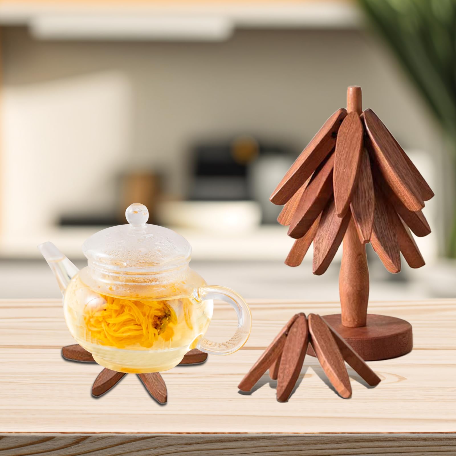 Wooden Trivets for Hot Dishes-Tree Shape Trivet Set,Trivets for Hot Dishes - 4 Wooden Trivet + 1 Stand for Hot Dishes/Pot/Bowl/Teapot/Hot Pot Holders (Walnut)