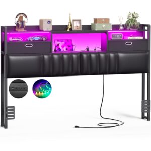 unikito queen headboard with drawer storage and rgb led light, queen size upholstered headboard with power outlet and bookcase, stable queen headboard only, for bedroom/dorm room/guest room, black