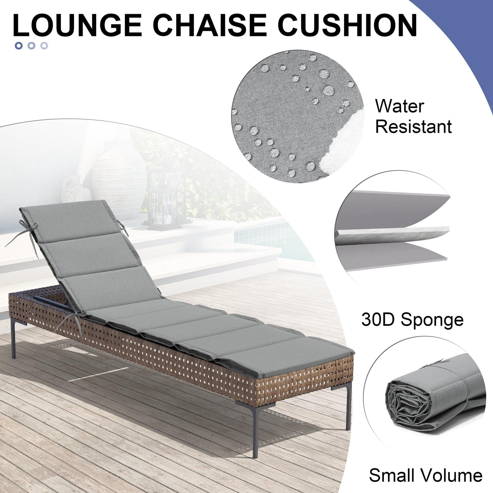 Crestlive Products Outdoor Chaise Lounge Cushion, Outdoor Lounge Chair Cushion for Patio Furniture, Lawn, Pool, 72''L x 21''W (Gray)